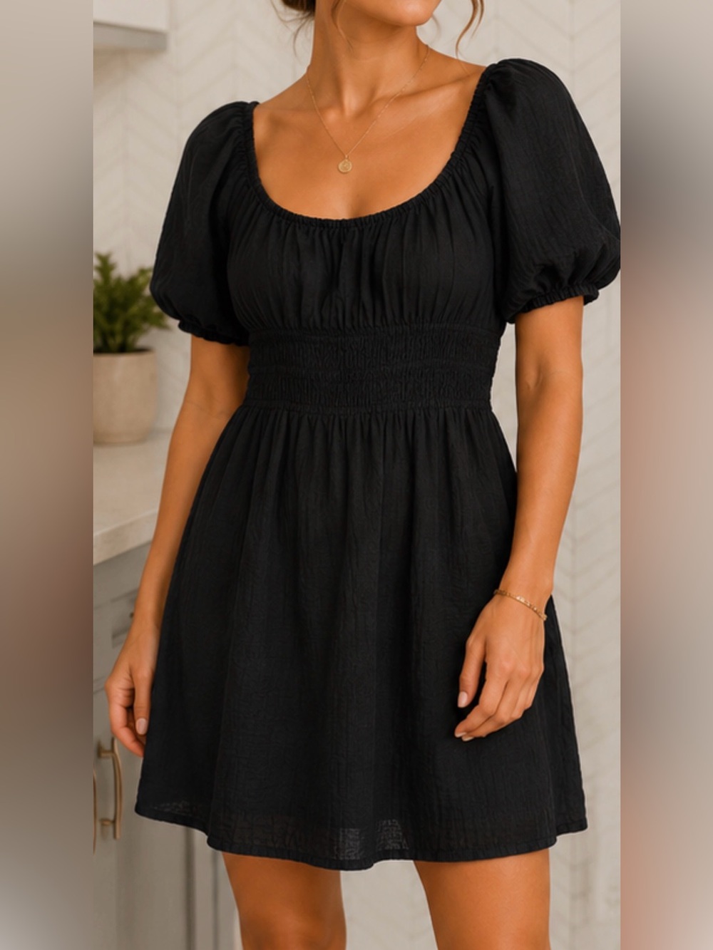 GAP Black Puff Sleeve Smocked Mini Dress| Large